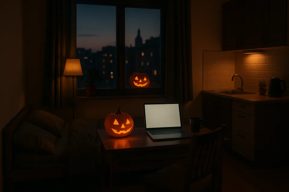 A well-lit room with pumpkins and a laptop on the table