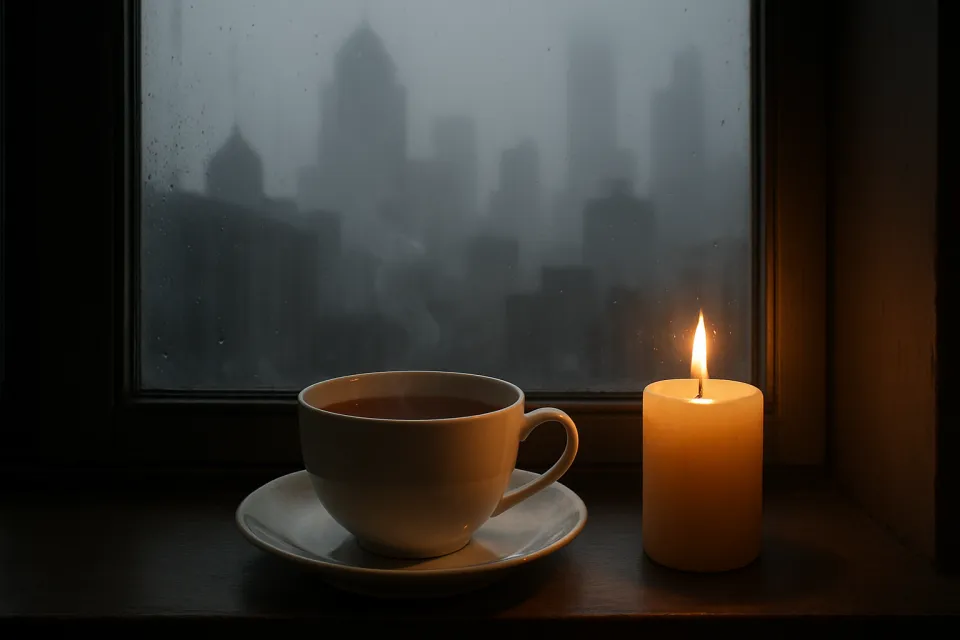 Taza de té caliente y una vela en el alféizar de la ventana en una ciudad gris