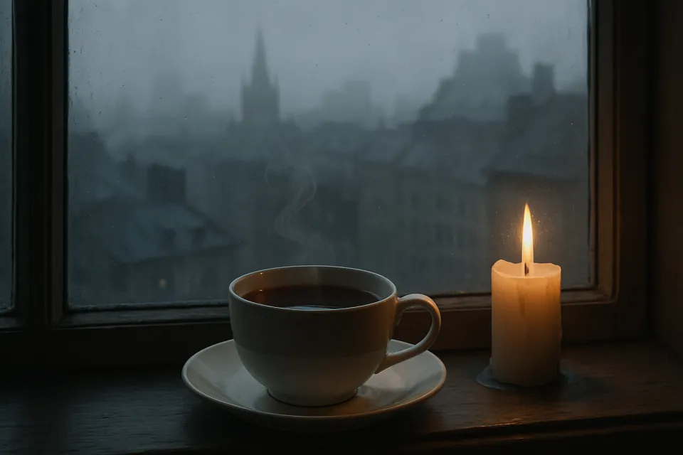Taza de té caliente y vela encendida en el alféizar de la ventana