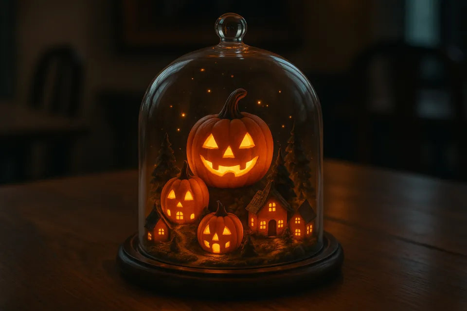 Bonita composición con calabazas y casitas bajo un domo de cristal