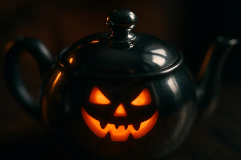 Tetera metálica con una cara de calabaza tallada y luz interior