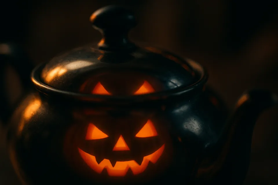 Tetera en forma de calabaza aterradora, iluminada desde adentro con luz naranja