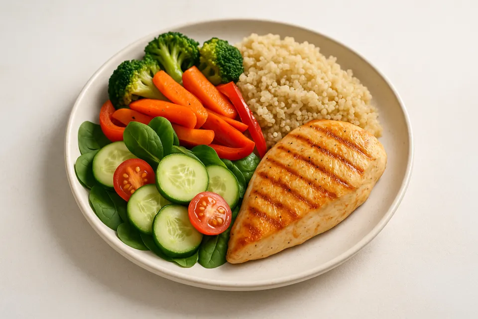 Pechuga de pollo con verduras y cuscús en un plato