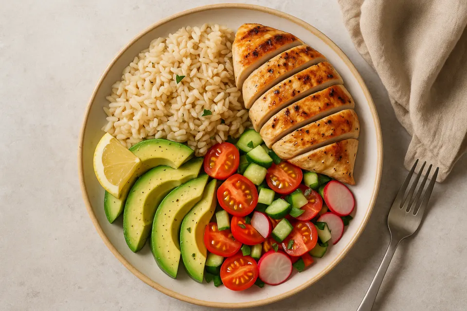 Cena con pechuga de pollo, aguacate, pepinos, tomates y arroz