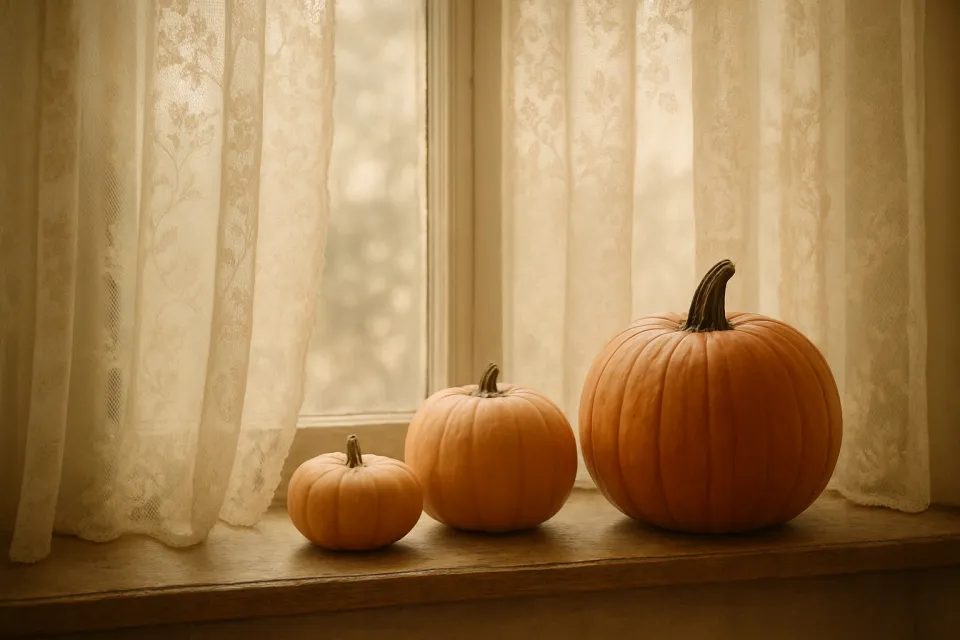 Calabazas de diferentes tamaños en el alféizar de la ventana, cubiertas con cortinas de encaje
