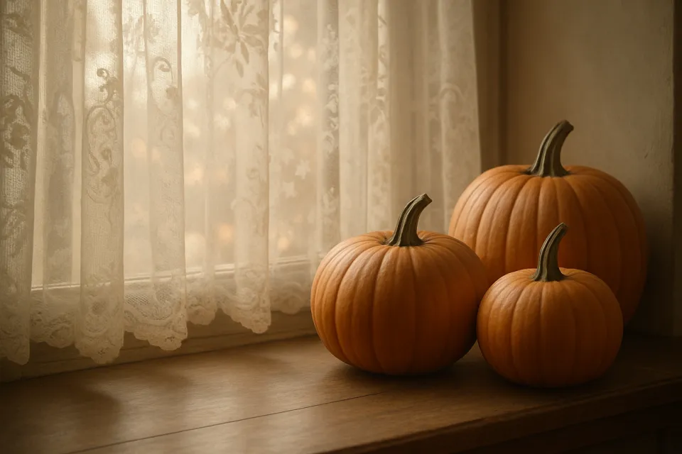 Tres calabazas en un alféizar de madera, iluminadas por una luz suave