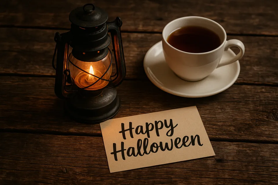 Composición con lámpara, taza de té y tarjeta de felicitación para Halloween