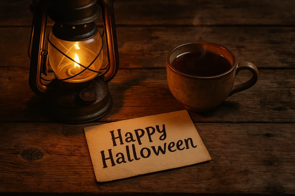 Lámpara, taza de té y tarjeta con un mensaje sobre un fondo de mesa de madera