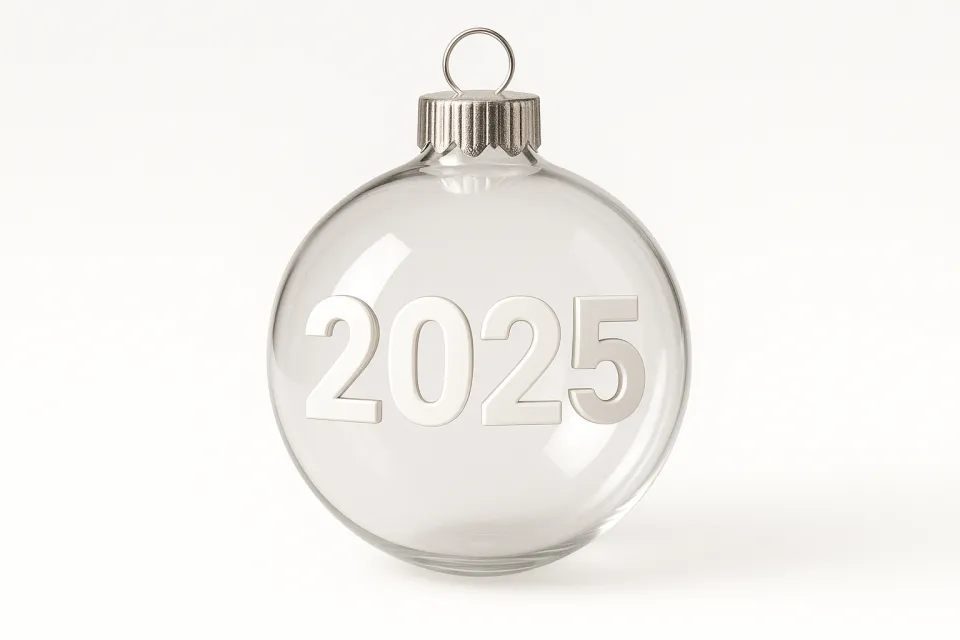 Bola de cristal transparente de Navidad con la inscripción 2025