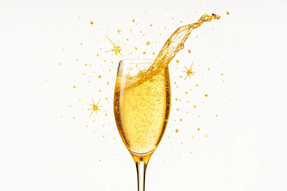 Copa con bebida, chispas y salpicaduras alrededor sobre fondo blanco