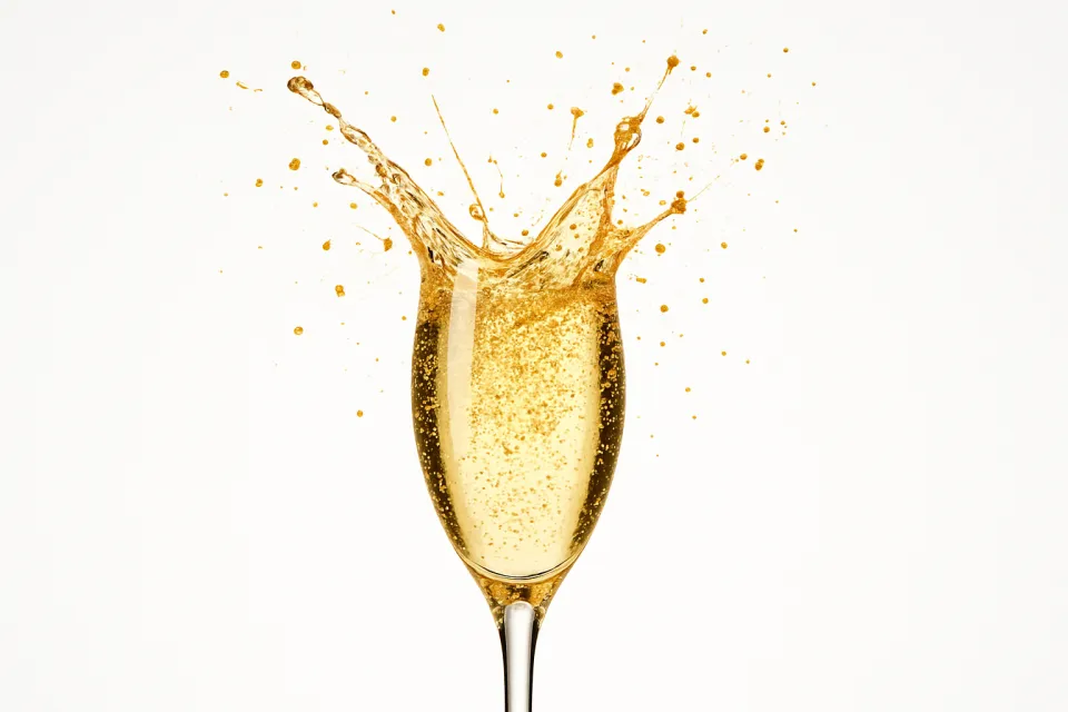 Бокал с искрящимся напитком и брызгами на белом фоне