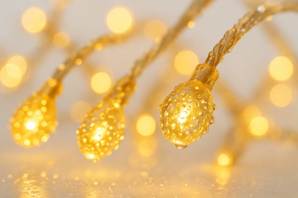 Крупным планом капли воды на светящихся огоньках