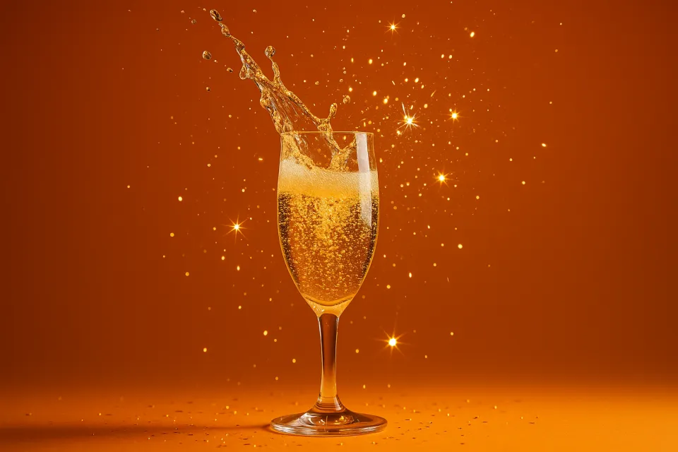 Бокал с шампанским и брызгами на оранжевом фоне с блестками