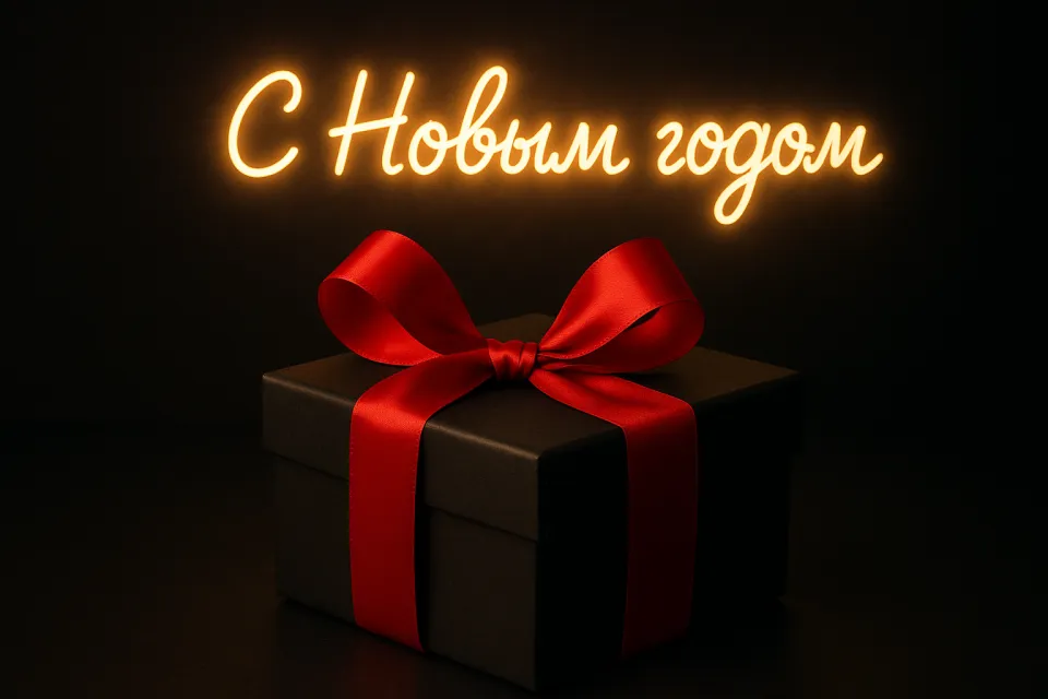 Чёрная коробка с красным бантом и надписью 'С Новым годом'