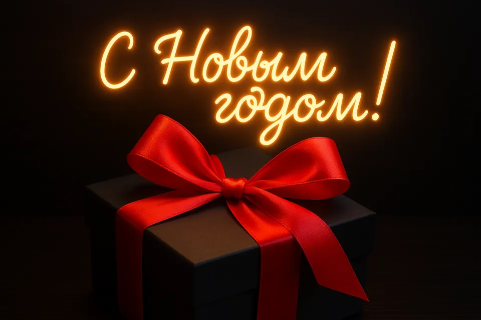 Black gift with a red ribbon and a glowing inscription 'Happy New Year!'