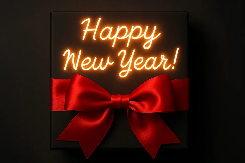 Black gift with a red bow and New Year’s greetings