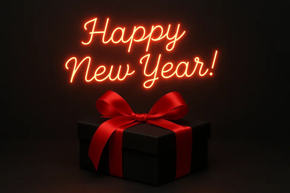 Черный подарок с красным бантом и неоновыми надписями на черном фоне