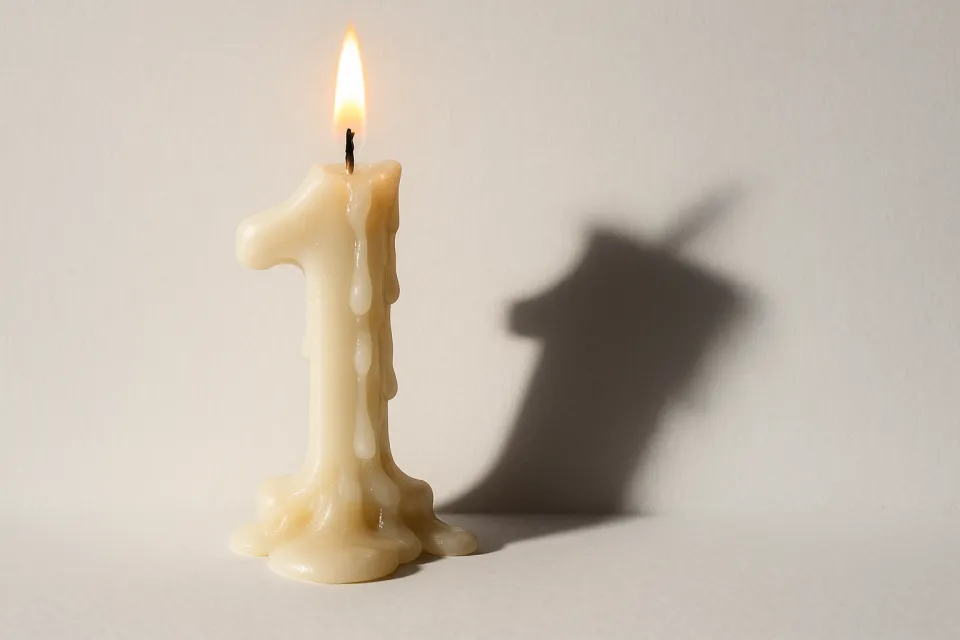Beautiful candle in the shape of the number one with a glow