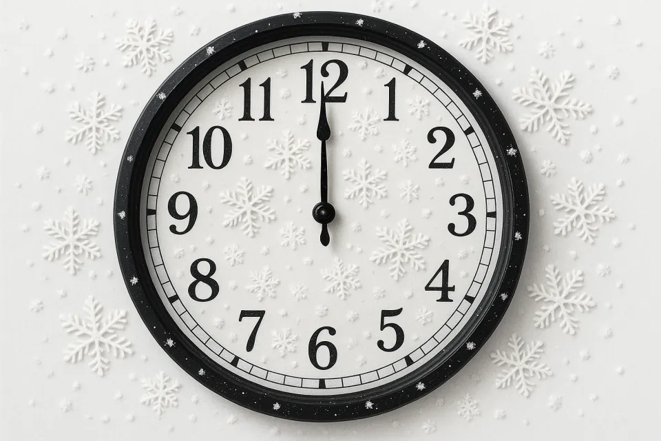 Wall clock with a black rim on a background of white snowflakes