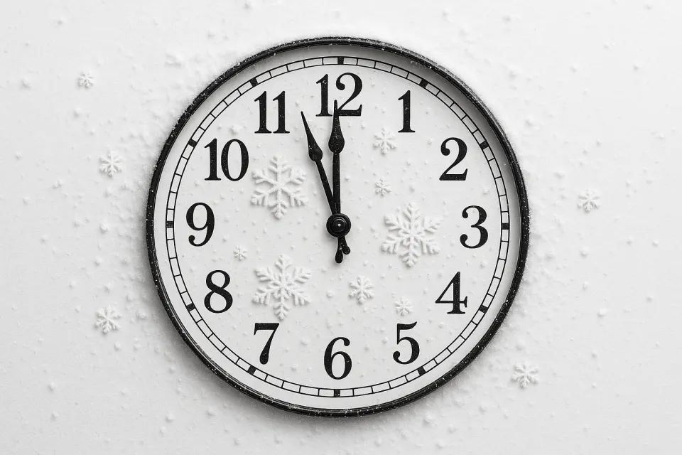 Часы, украшенные снежинками на белом фоне зимы