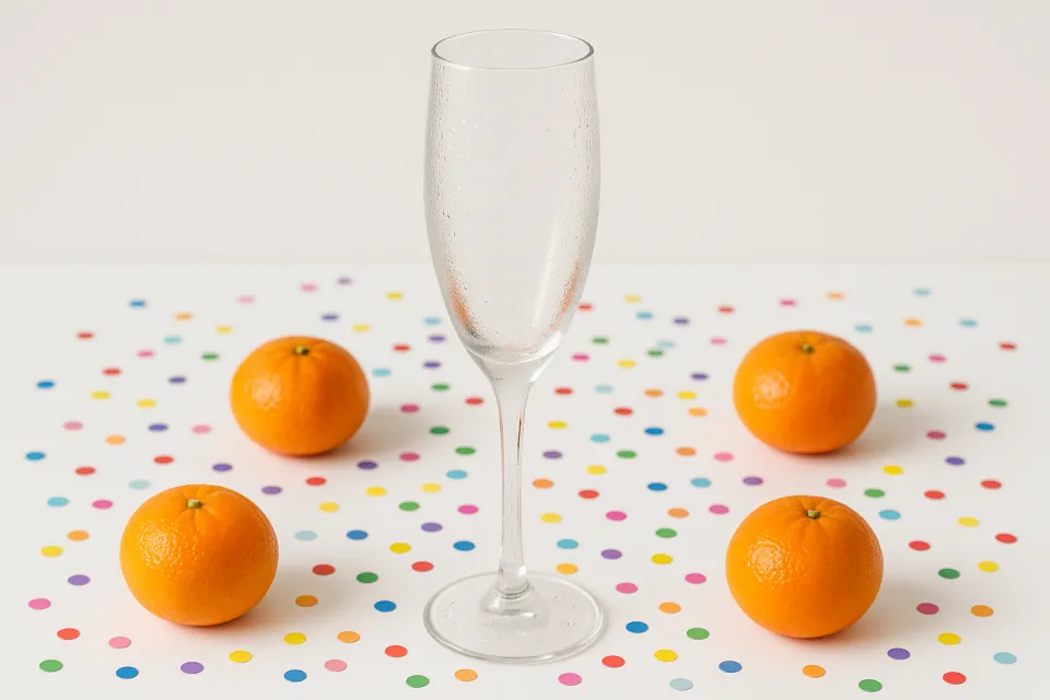 Чистый фужер и несколько апельсинов на ярком круглом фоне