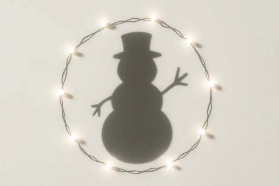 Silhouette of a snowman surrounded by a string of lights