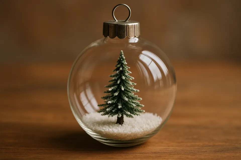 Стеклянный шар с миниатюрной елкой и искусственным снегом внутри