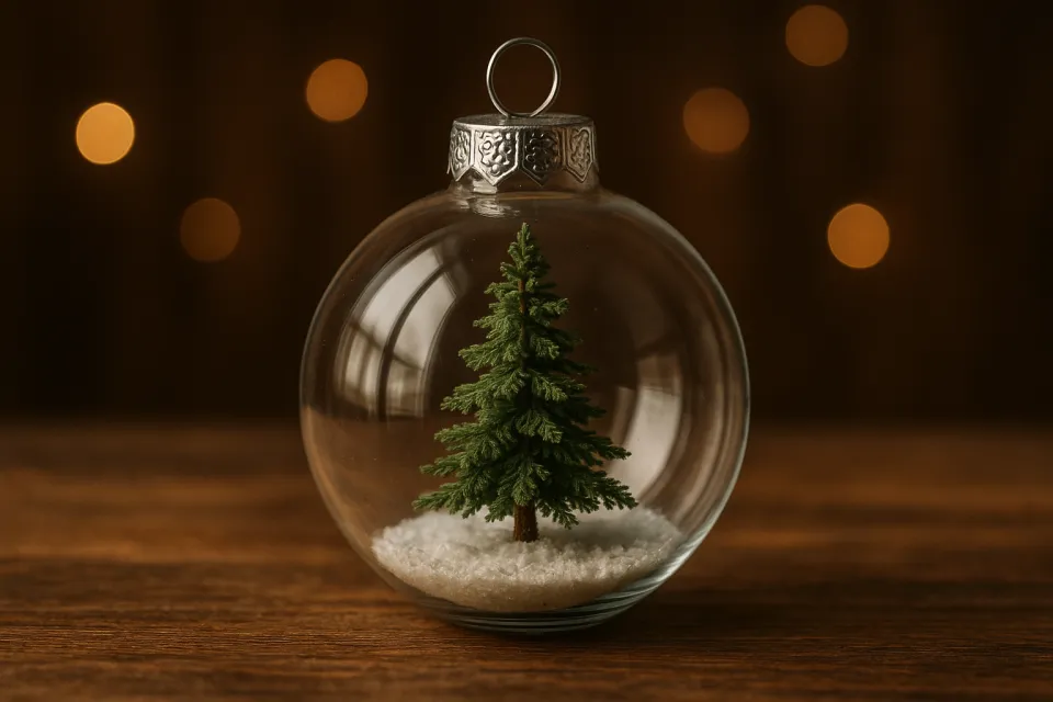 Pino en miniatura en una esfera de vidrio sobre una superficie de madera