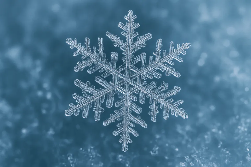  Enlarged image of a frozen snowflake against a cold backdrop