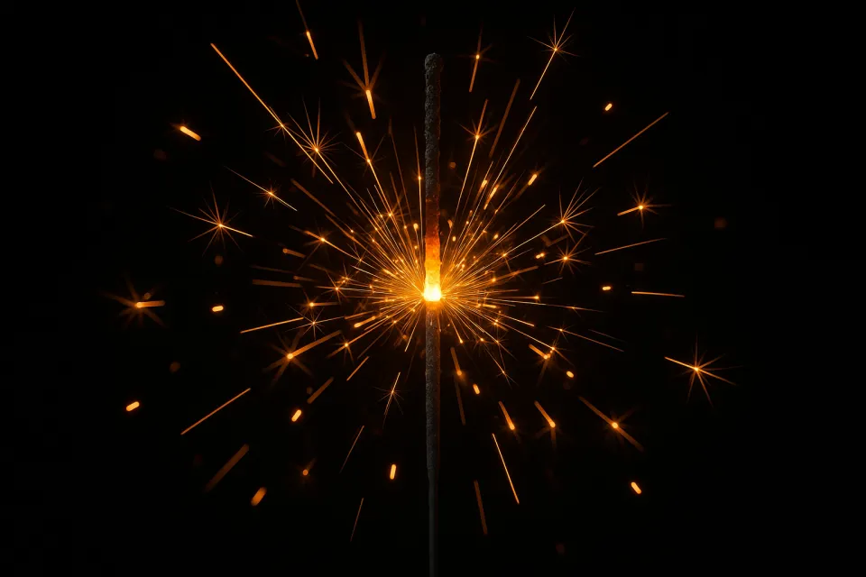 Яркие искры от фейерверка на черном фоне с центральным источником света