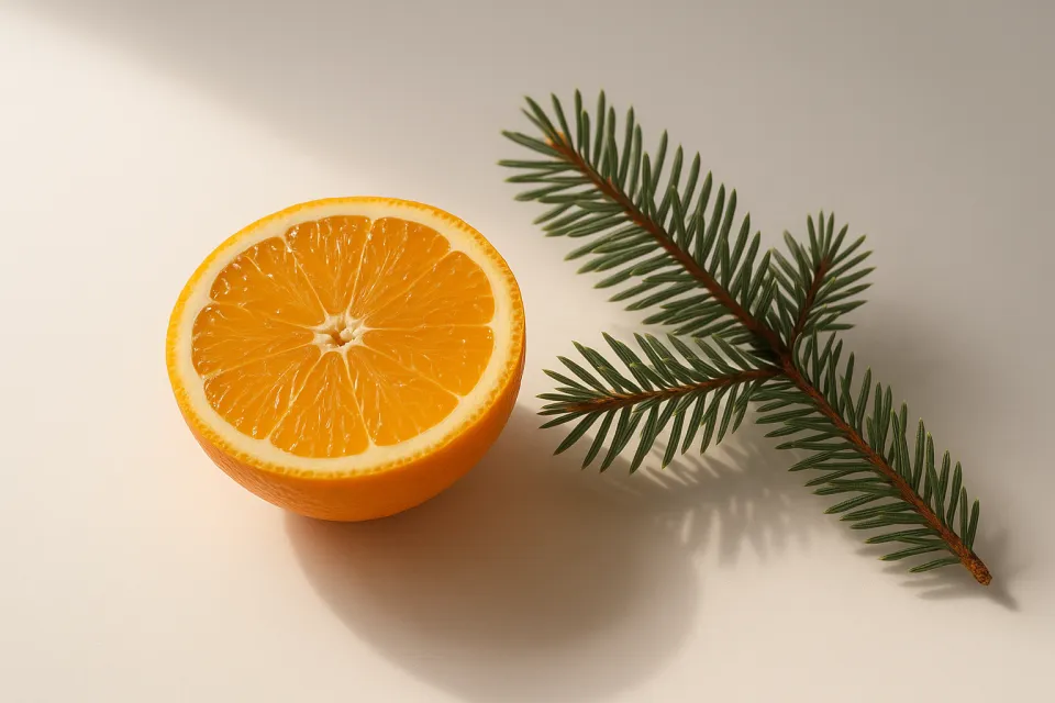 Сочный апельсин, разрезанный пополам, с веточкой сосны на фоне