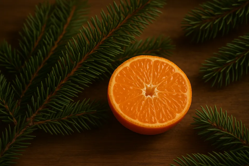 Разрезанный мандарин с яркими дольками на фоне зелёных хвойных веток