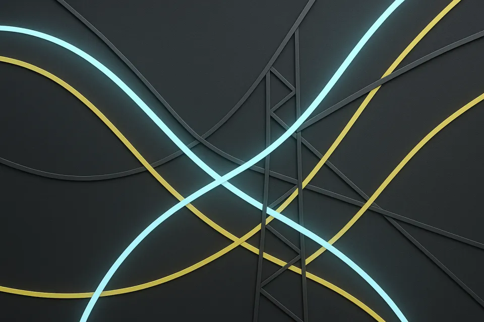 Сложная абстрактная композиция с изогнутыми линиями разных цветов