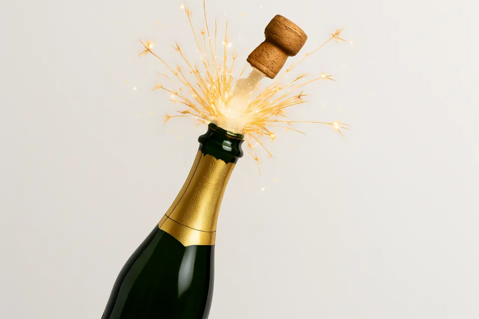 Выброс корка из бутылки шампанского, искры и брызги