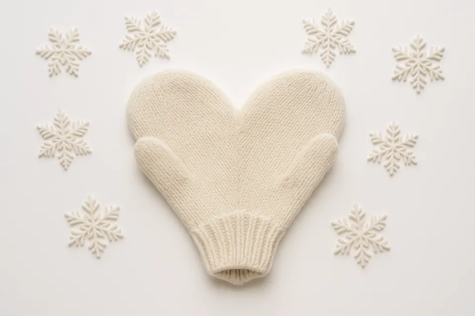 Варежки сердечно-образной формы окружены снежинками на белом фоне