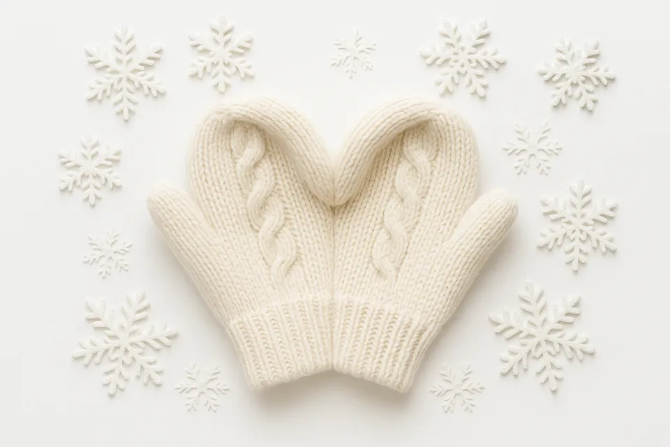 Варежки из теплой пряжи с снежинками вокруг на белом фоне