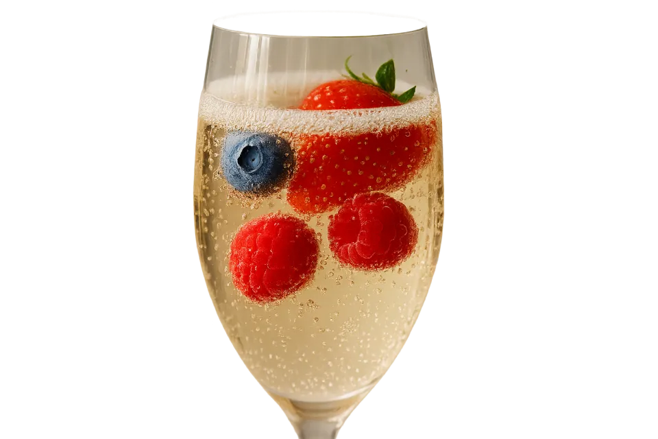 Стакан шампанского с клубникой, малиной и голубикой на фоне