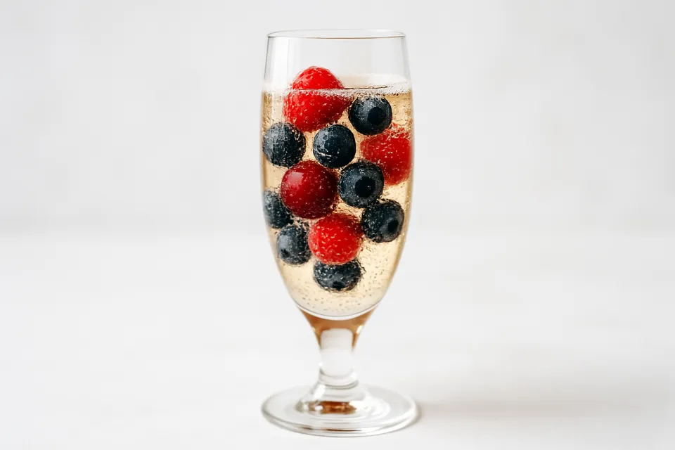 Стеклянный бокал с шампанским и ягодами — малиной и черникой, на светлом фоне
