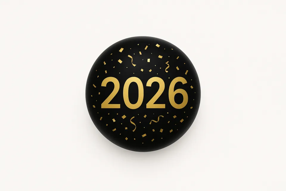 Чёрный шар с золотыми цифрами 2026 и конфетти