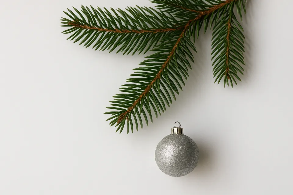 Еловая ветка и серебристая новогодняя игрушка на белом фоне