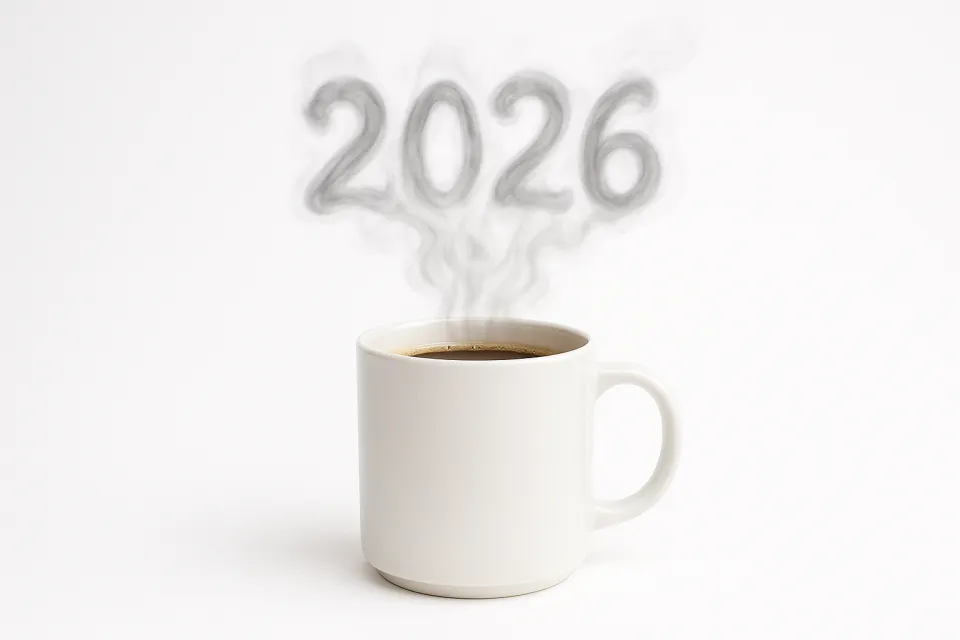 Чашка горячего кофе с паром, образующим цифры 2026