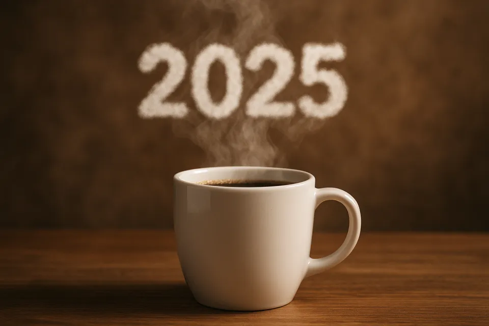 Паровая чашка кофе с видимой датой 2025 на фоне