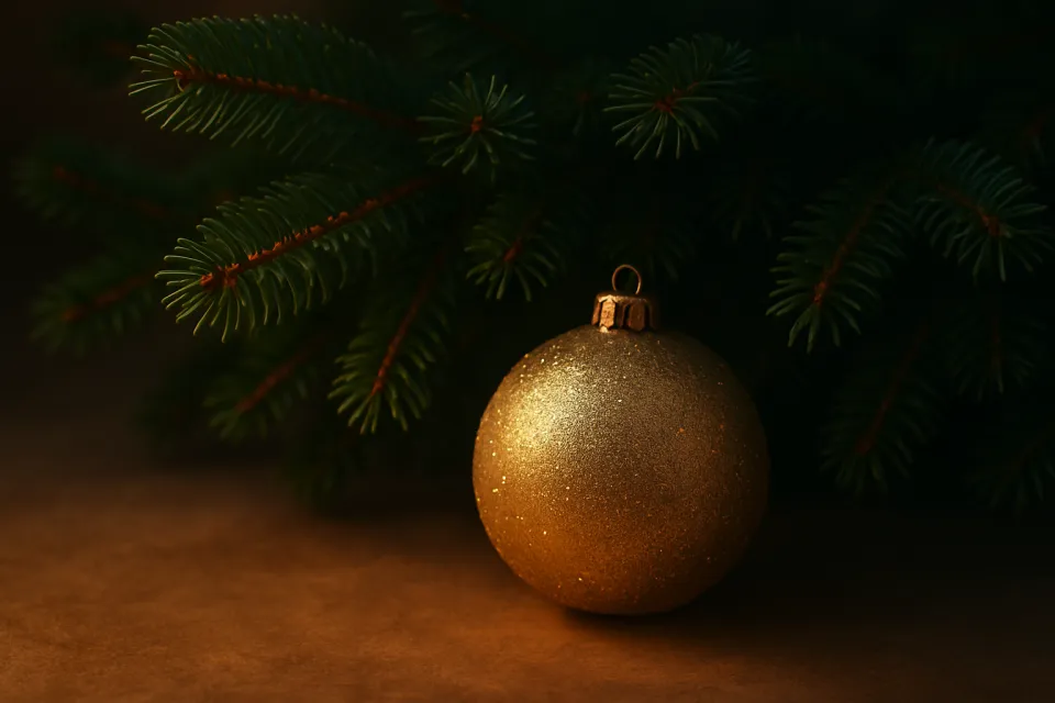 Блестящая золотая елочная игрушка у зеленых веток ели