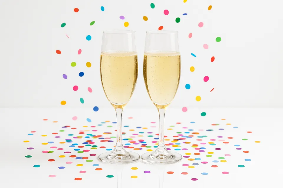 Два бокала шампанского среди конфетти на белом фоне