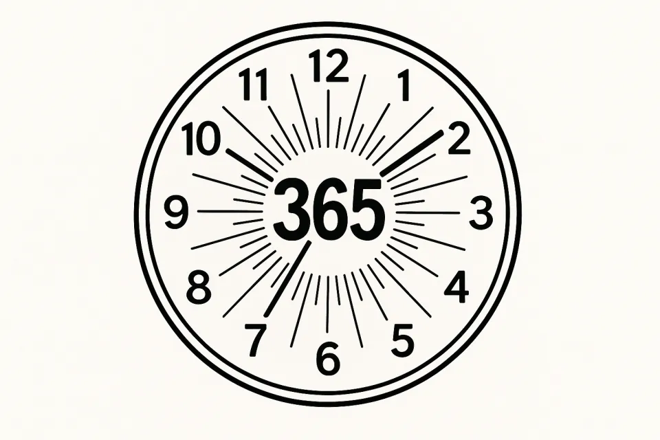 Изображение круглого циферблата с числом 365 в центре и радиальными лучами