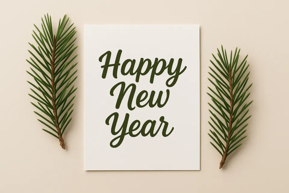 Картинка с новогодней открыткой и еловыми ветками по бокам