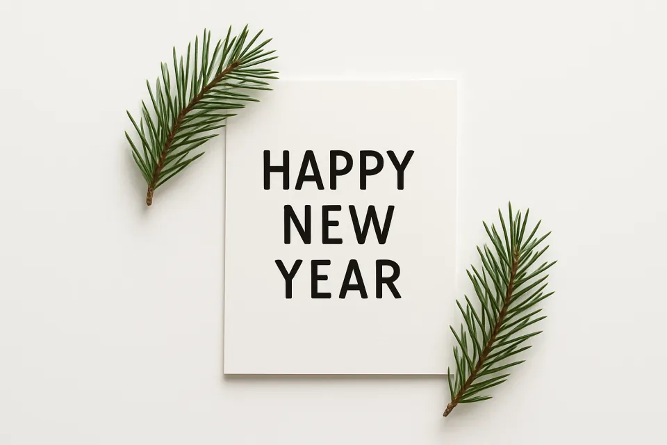 Открытка с надписью 'С Новым Годом' и ветвями ели