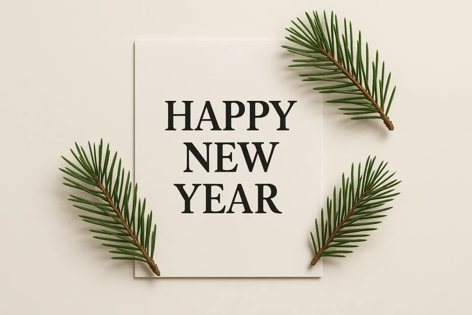 Открытка с надписью 'С Новым Годом' и еловыми ветками