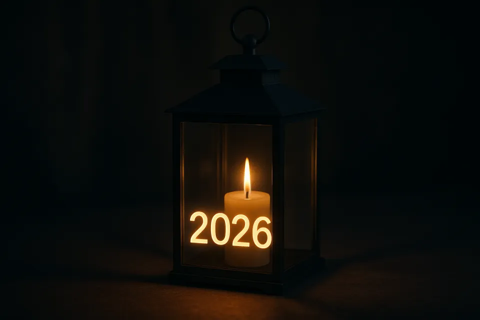 Зажжённая свеча в фонаре с номером 2026