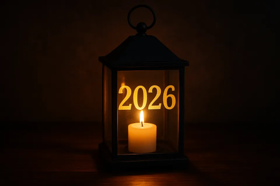 Стильный фонарь, внутри которого горит свеча с номером 2026